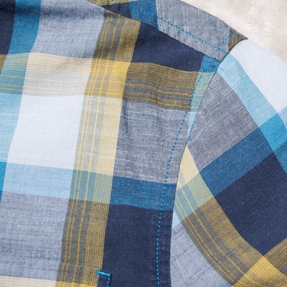 Prana Benton Blue Yellow Plaid Slim Fit Short Sleeve Button Down Shirt Mens L - Picture 10 of 13